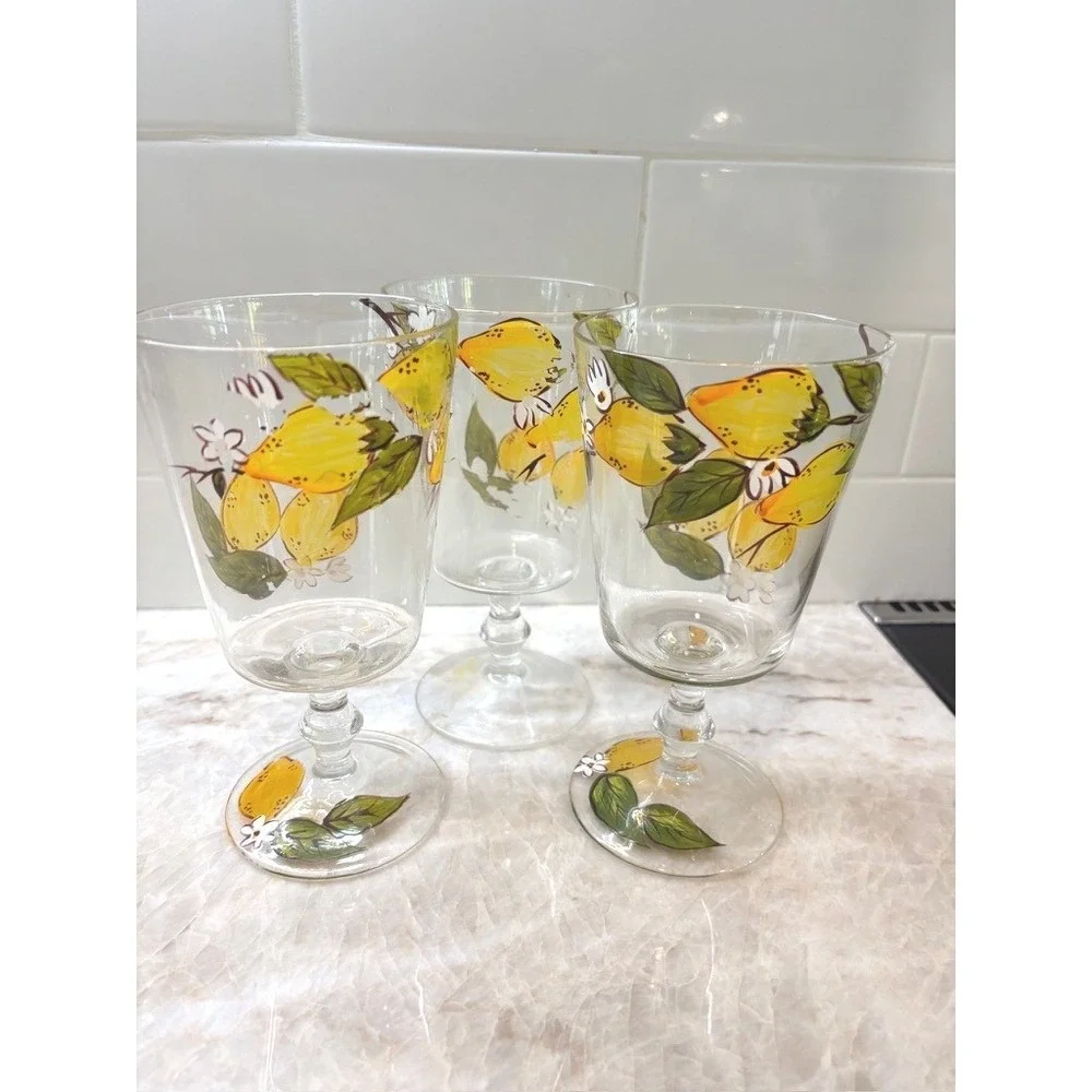 Vintage Lemon Motif Hand Painted Stem Glasses Set 3 Italian Style Citrus Goblets